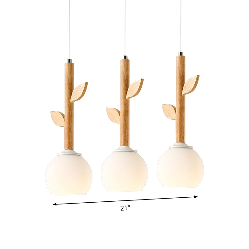 Stile rustico a sospensione bianca Lampada Fiore Fiore 3 Luci a soffitto in vetro Ciondolo con foglia di legno per cucina