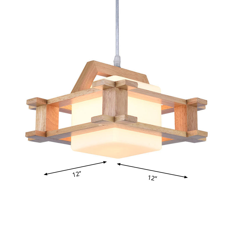 Luce sospensione del cubo contemporaneo con vetro di protezione in legno 1 luce beige a sospensione per camera da letto