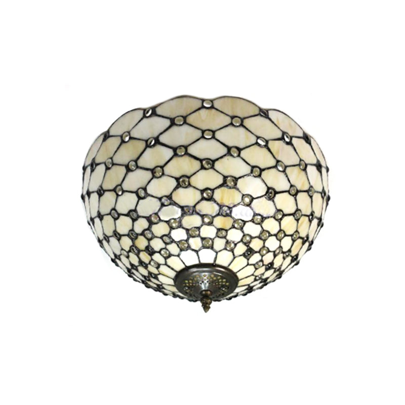 Beige/Black Bowl-Shaped Ceiling Light Fixture Tiffany Stained Glass 1/2 Lights Flushmount Ceiling Light