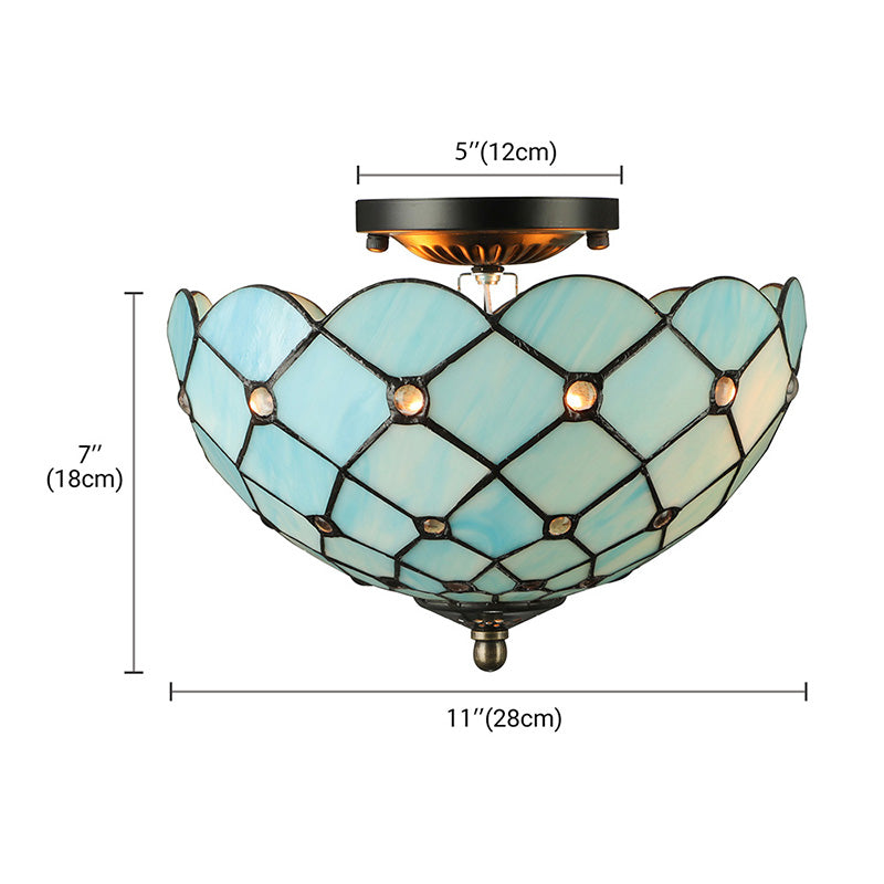 Beige/Black Bowl-Shaped Ceiling Light Fixture Tiffany Stained Glass 1/2 Lights Flushmount Ceiling Light