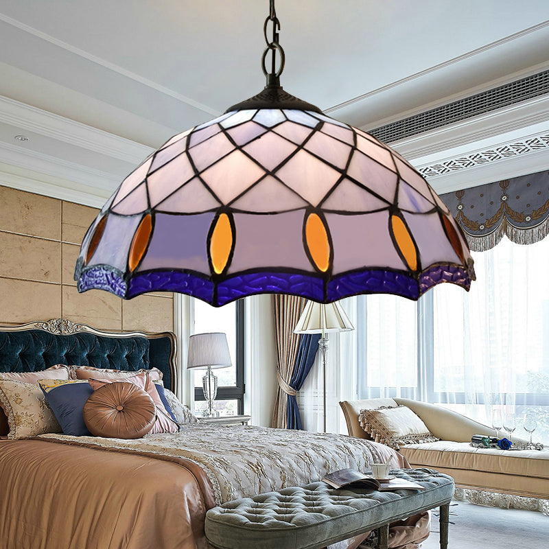 1 Bulb Ceiling Pendant Light Tiffany-Style Domed Handcrafted Stained Glass Suspension Lighting in Purplish Blue