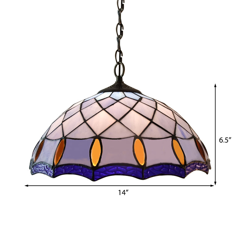 1 Bulb Ceiling Pendant Light Tiffany-Style Domed Handcrafted Stained Glass Suspension Lighting in Purplish Blue