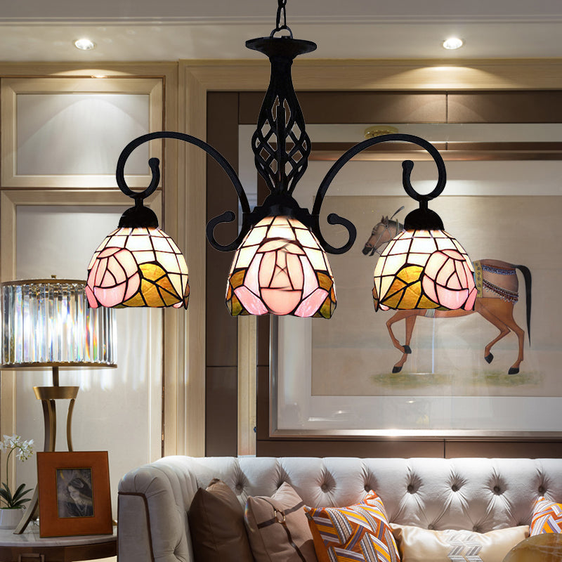 3 Lights Domed Chandelier Retro Style Stained Glass Floral Inverted Chandelier in Pink