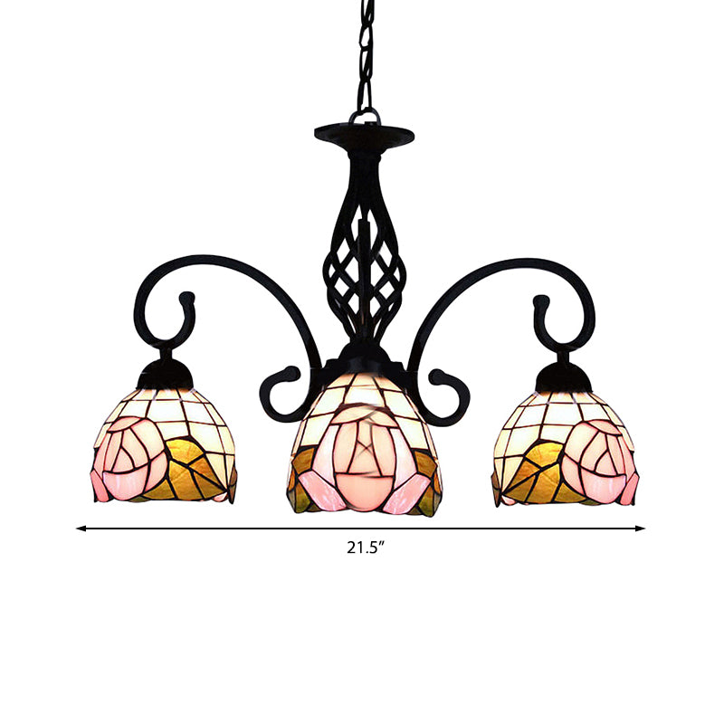 3 Lights Domed Chandelier Retro Style Stained Glass Floral Inverted Chandelier in Pink