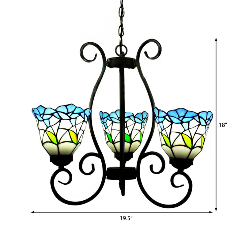 Éclairage pendentif évasé Verre tachée rustique Lumière de lustre à fleurs à 3 légers en bleu pour le salon