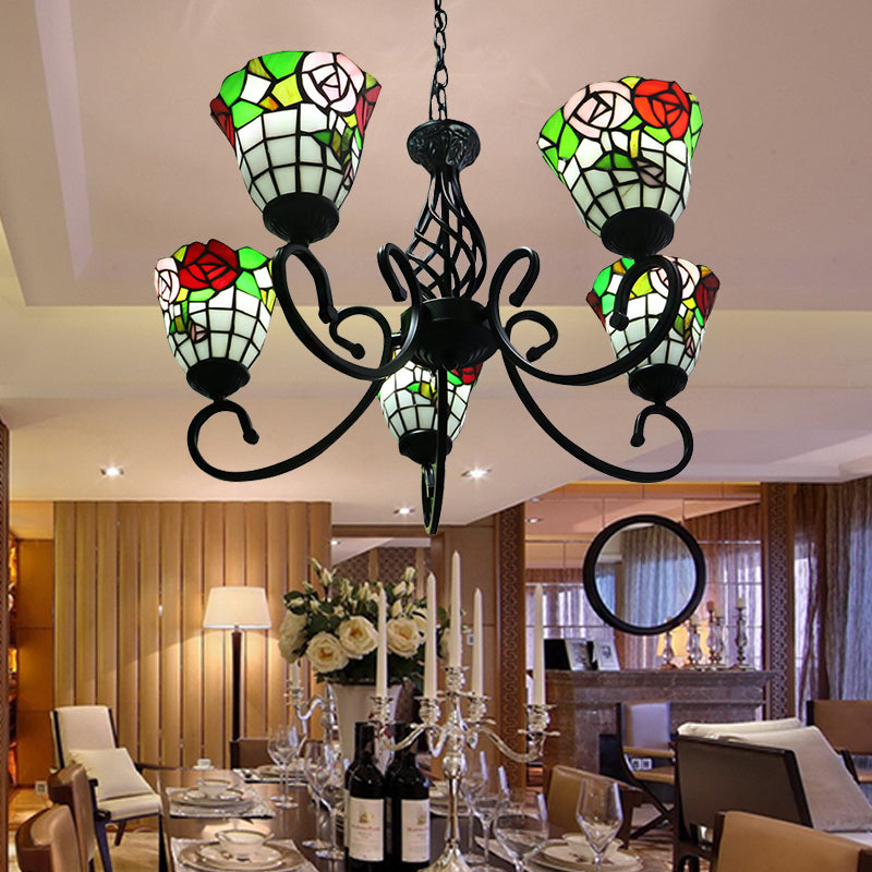 Lustre de lustre rose pavé de luminaire lodge Tache-verre 5-Light Suspension Light in Black Finish