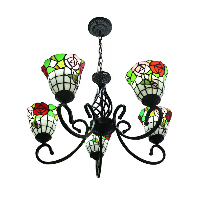 Rose Chandelier Hanging Light Fixture Lodge Stained Glass 5-Light Suspension Light in Black Finish