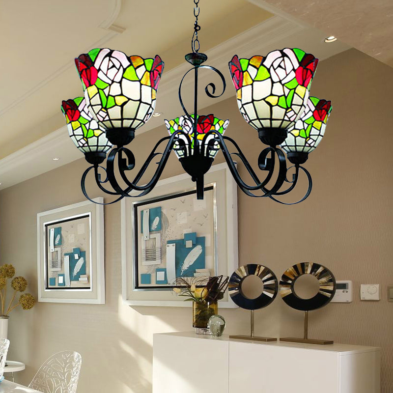 Flower Chandelier Lighting Country Stained Glass 5-Light Hanging Light in Black Finish for Restaurant