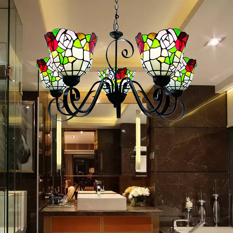 Flower Chandelier Lighting Country Stained Glass 5-Light Hanging Light in Black Finish for Restaurant