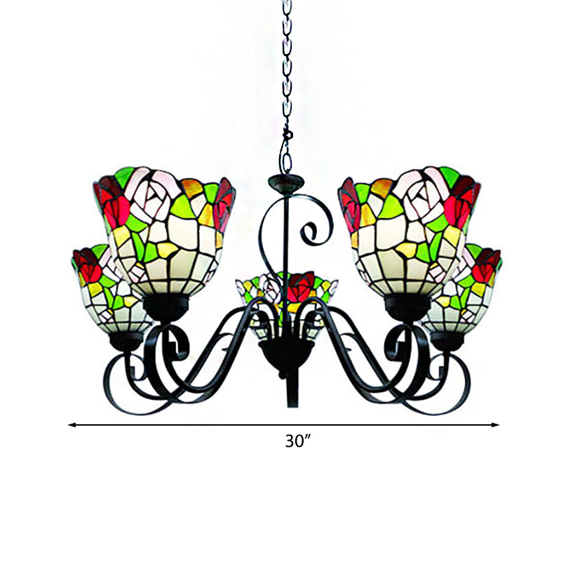 Flower Chandelier Lighting Country Stained Glass 5-Light Hanging Light in Black Finish for Restaurant