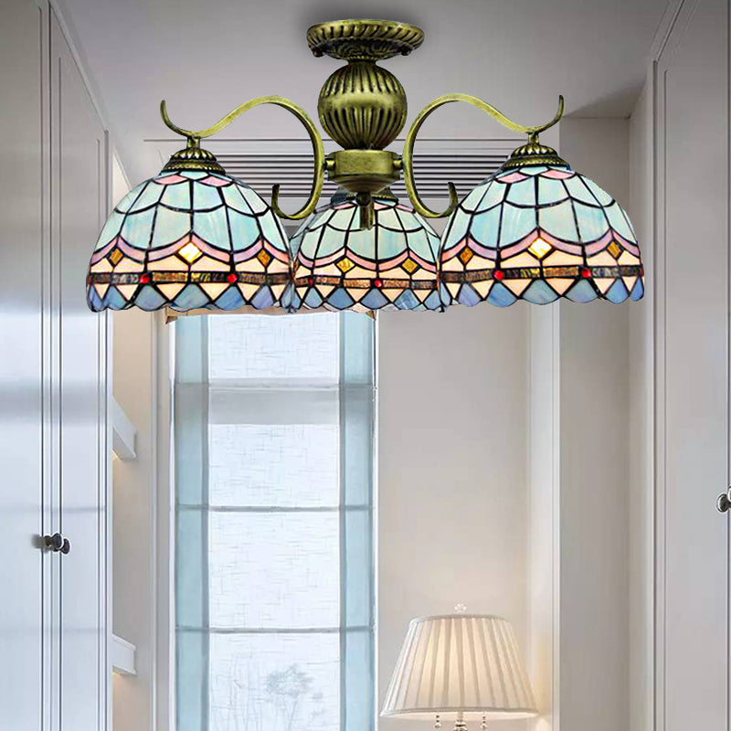 3-Light Bowl Suspension Lamp Retro Style Stained Glass Chandelier Hanging Light Fixture in Blue