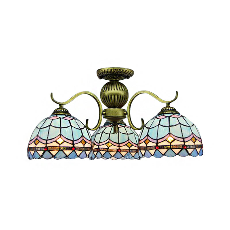 3-Light Bowl Suspension Lamp Retro Style Stained Glass Chandelier Hanging Light Fixture in Blue