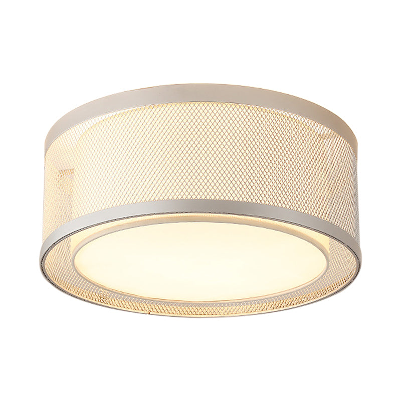 Net Metal Drum Flush Monte Lighting Contemporary 4 Luci Silver Flush Massimale Lampada Fissaggio con Frosted Diffuser