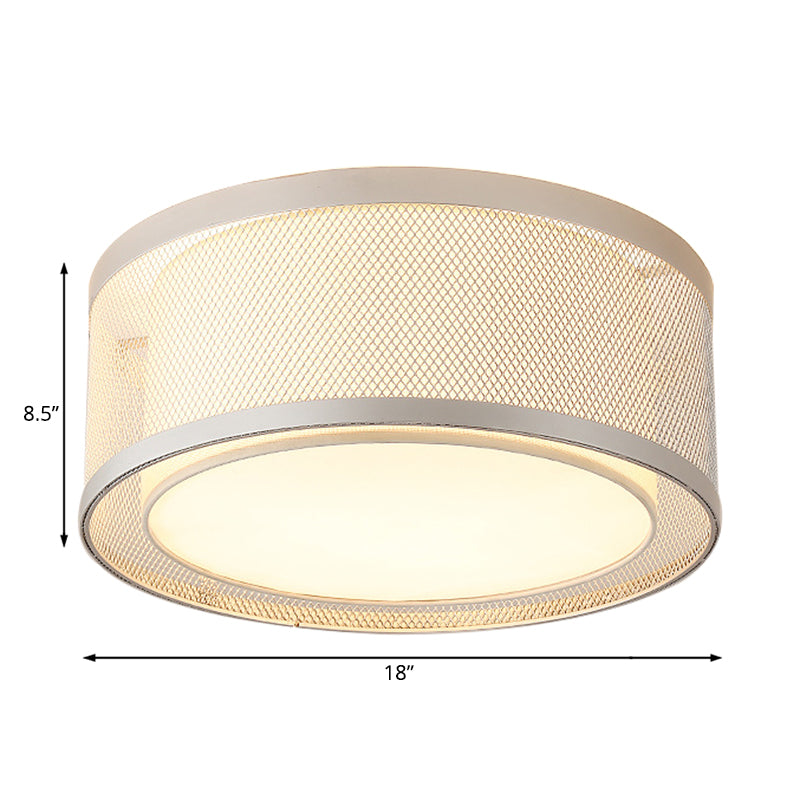 Net Metal Drum Flush Mount Lighting Contemporary 4 Lights Silver Flush Ceiling Lamp Fixture with Frosted Diffuser