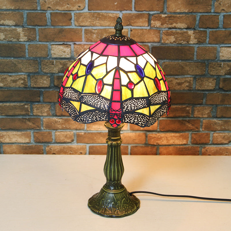 Dragonfly Table Lamp Retro Stained Glass 1-Light Accent Lamp in Antique Bronze Finish for Study