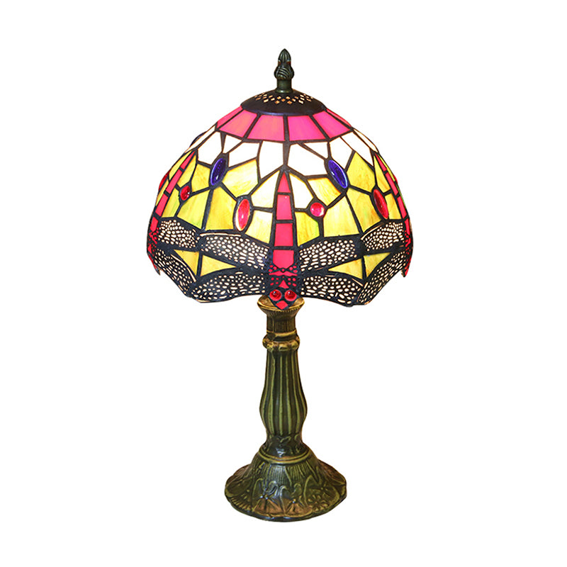 Dragonfly Table Lamp Retro Stained Glass 1-Light Accent Lamp in Antique Bronze Finish for Study