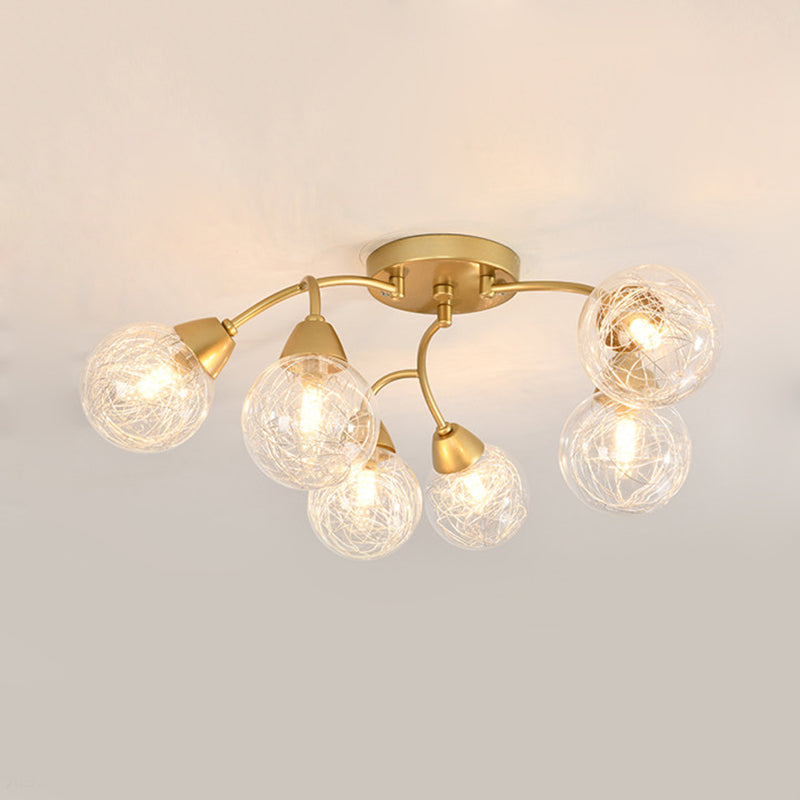 6/12 Lights Bedroom Semi Flush with Sphere Clear Glass Shade Modern Gold Led Semi Flush Ceiling Light