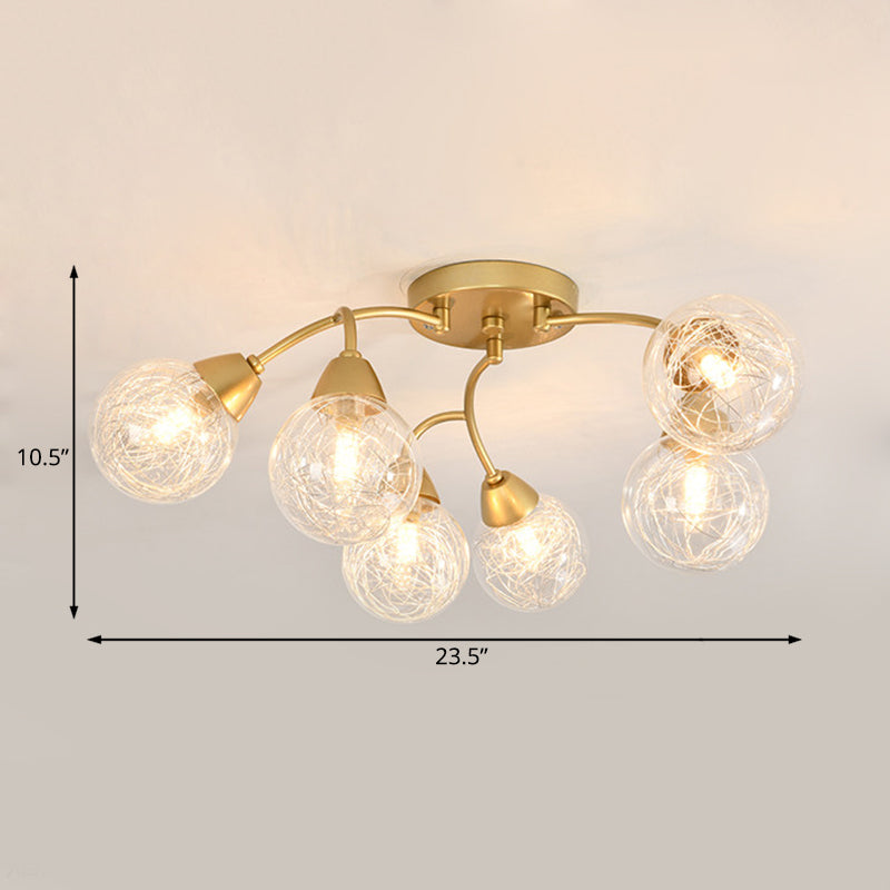 6/12 Lights Bedroom Semi Flush with Sphere Clear Glass Shade Modern Gold Led Semi Flush Ceiling Light