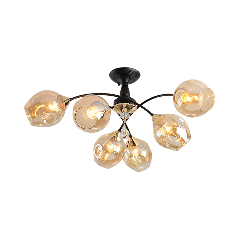 3/6 Lights Bedroom Semi Flush Mount with Cup Shape Amber/Blue Glass Shade Modernist Black Led Semi Flush Ceiling Fixture