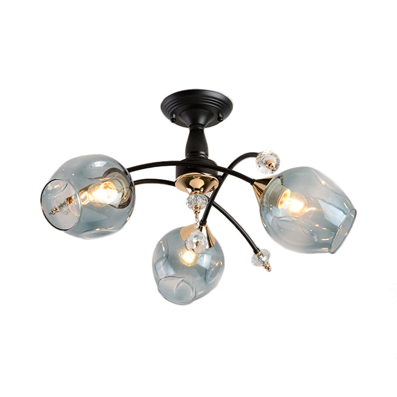 3/6 Lights Bedroom Semi Flush Mount with Cup Shape Amber/Blue Glass Shade Modernist Black Led Semi Flush Ceiling Fixture