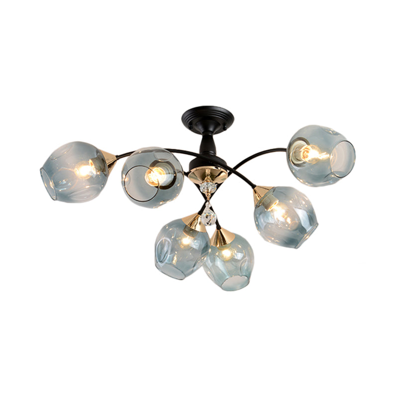 3/6 Lights Bedroom Semi Flush Mount with Cup Shape Amber/Blue Glass Shade Modernist Black Led Semi Flush Ceiling Fixture