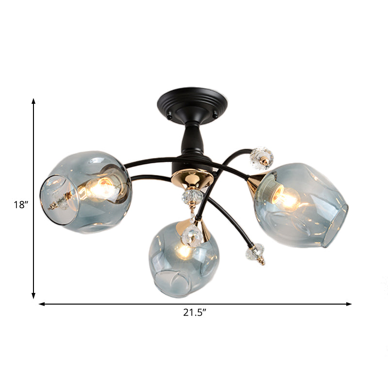 3/6 Lights Bedroom Semi Flush Mount with Cup Shape Amber/Blue Glass Shade Modernist Black Led Semi Flush Ceiling Fixture