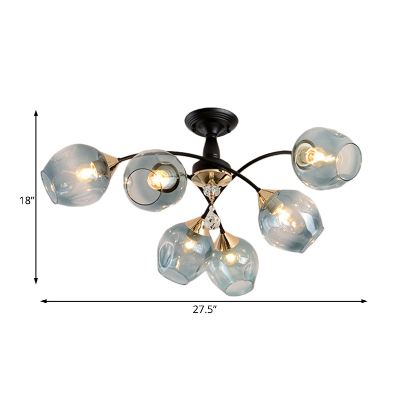 3/6 Lights Bedroom Semi Flush Mount with Cup Shape Amber/Blue Glass Shade Modernist Black Led Semi Flush Ceiling Fixture