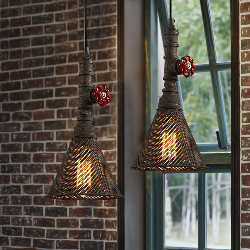 1 Bulb Mesh Scree Pendant Lighting with Cone Shade and Valve Vintage Style Rust Metallic Hanging Lamp