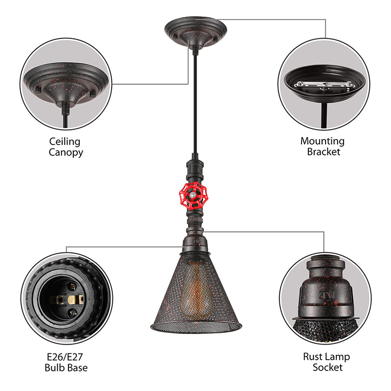 1 iluminación colgante de sesa de malla de bombilla con tono de cono y válvula estilo válvula de óxido lámpara colgante metálica