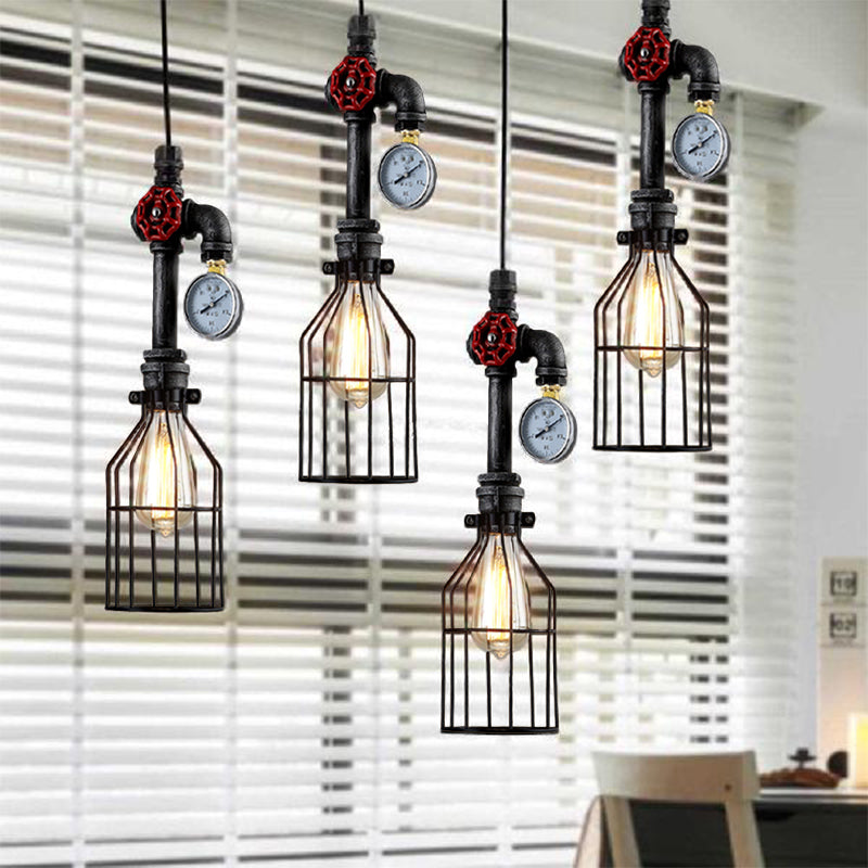 Industrial Wire Guard Hanging Light 1 Head Iron Hanging Lamp with Gauge and Valve in Black Finish