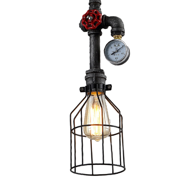 Industrial Wire Guard Hanging Light 1 Head Iron Hanging Lamp with Gauge and Valve in Black Finish