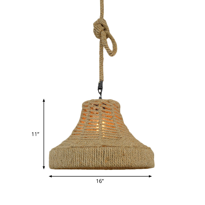 Rope Flared/Bowl Cage Shade Pendant Light Vintage Industrial 1 Head Restaurant Hanging Lamp in Beige