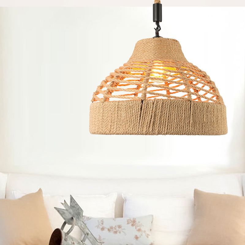 Rope Flared/Bowl Cage Shade Pendant Light Vintage Industrial 1 Head Restaurant Hanging Lamp in Beige