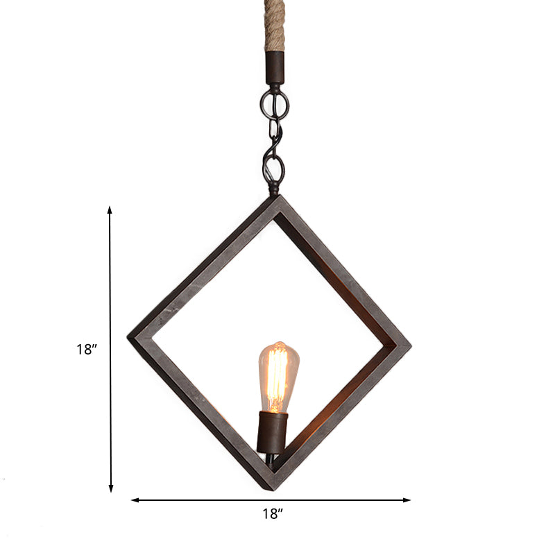 Black Frame Squared Ceiling Lighting Antique Style Metal 1 Light Indoor Ceiling Fixture with Rope