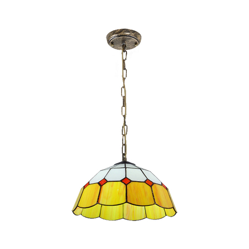 Domed Ceiling Light Tiffany 1 Head Yellow/Blue Handcrafted Art Glass Suspended Lighting Fixture, 12"/16" Wide