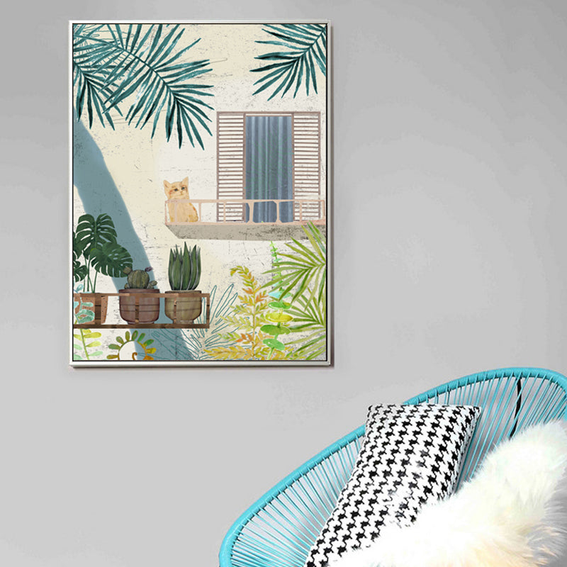 Painting Balcony Cat Canvas Print Girls Bedroom Still Life Wall Art in Green for Decor