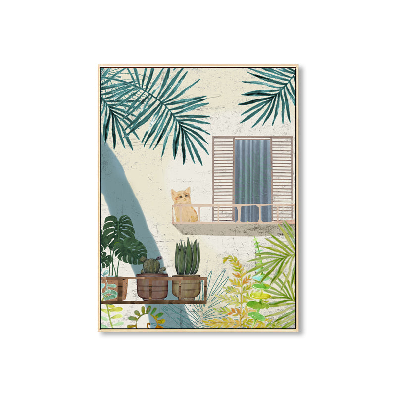 Painting Balcony Cat Canvas Print Girls Bedroom Still Life Wall Art in Green for Decor