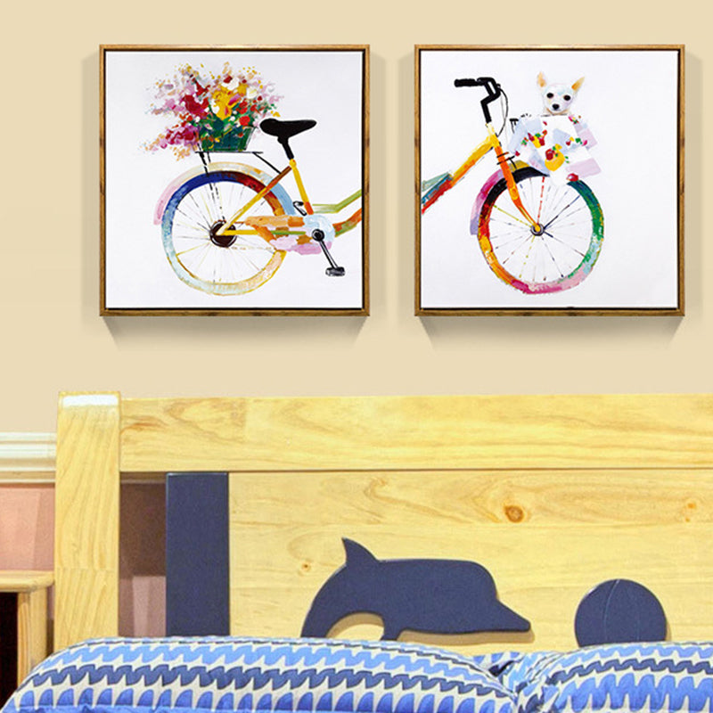 Yellow Kids Canvas Art Illustration Bike with Flower and Pet Wall Decor for Girls Room