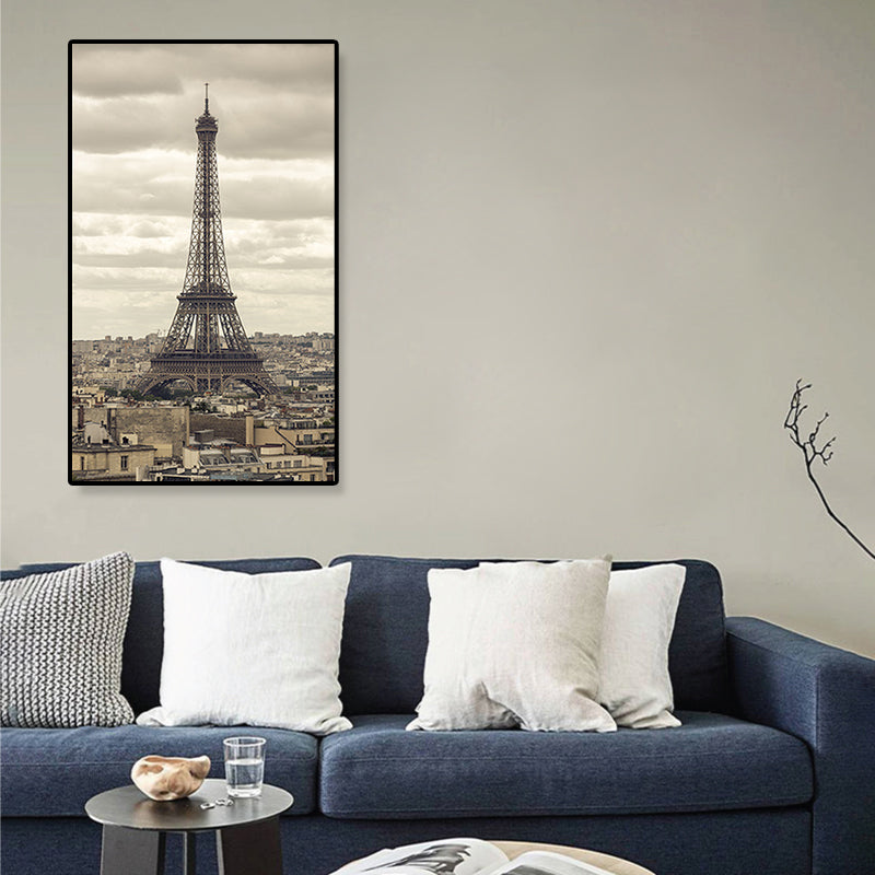 Eiffel Tower Scene Canvas Print Global Inspired Style Textured Wall Art Decor in Brown