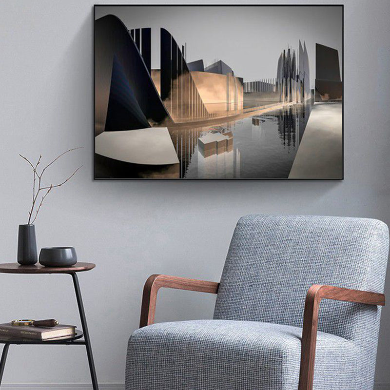 Brown Photo Novel Building Painting Textured Modern Style Living Room Wrapped Canvas