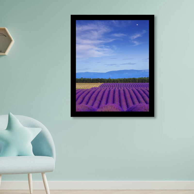 Lavender Field Scenery Art Print Farmhouse Canvas Wall Decor in Dark Color for Room