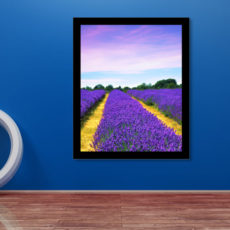 Lavender Field Scenery Art Print Farmhouse Canvas Wall Decor in Dark Color for Room