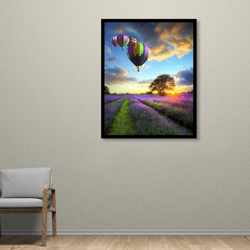 Lavender Field Scenery Art Print Farmhouse Canvas Wall Decor in Dark Color for Room