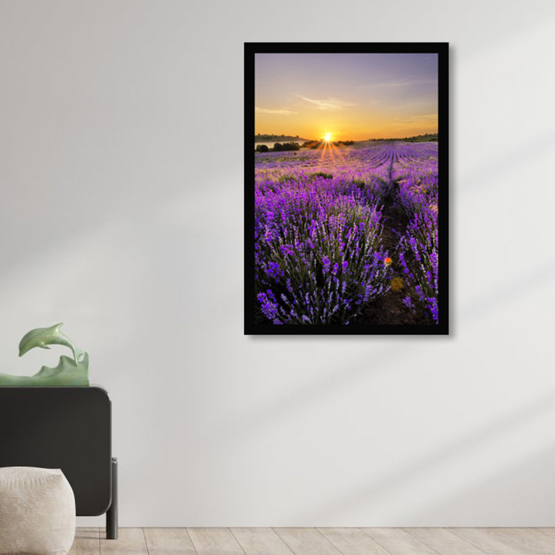 Lavender Field Scenery Art Print Farmhouse Canvas Wall Decor in Dark Color for Room