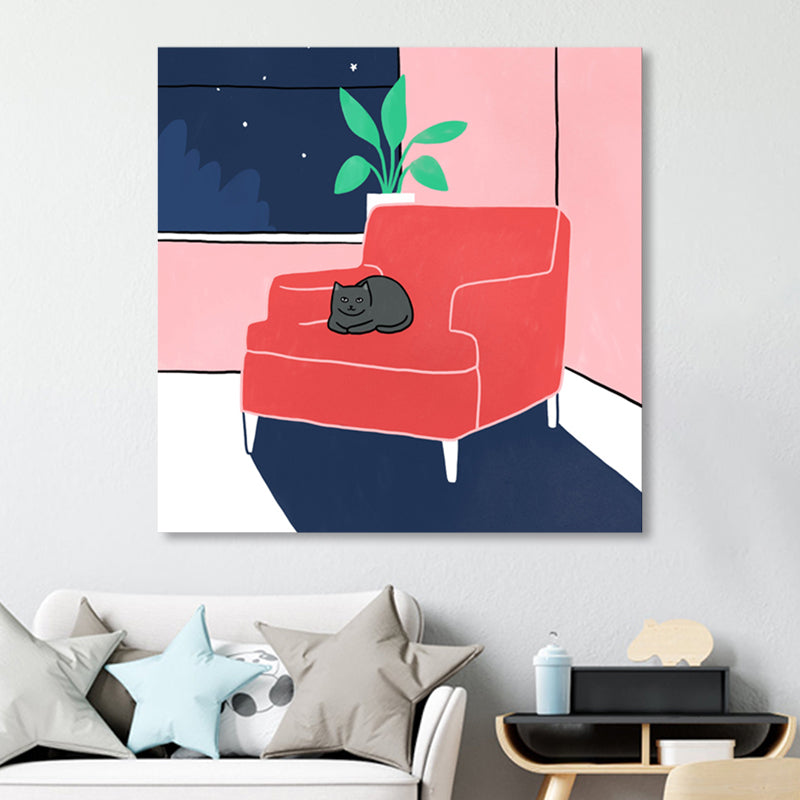 Cat On Sofa Painting Textured Contemporary Style Living Room Wrapped Canvas in Red