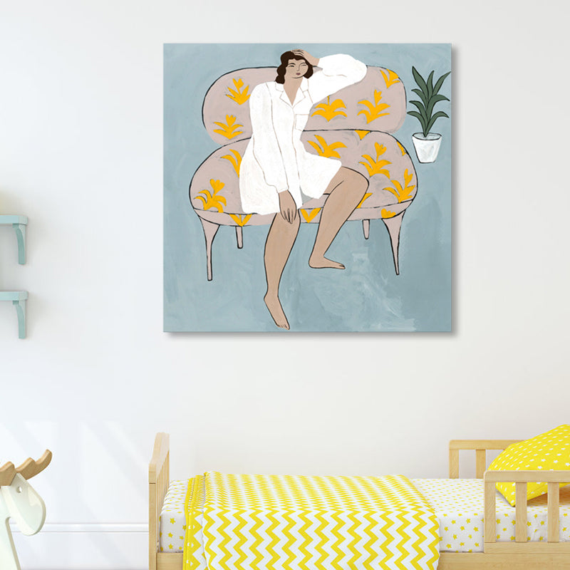 Illustration Maiden Wall Art Decor Textured Modern Girls Room Wrapped Canvas in Light Color