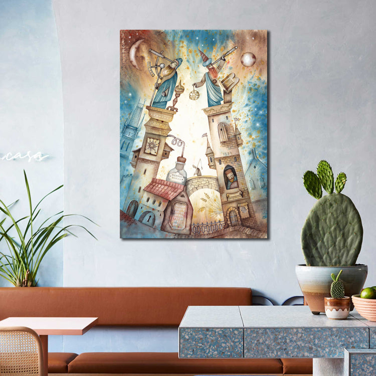 Soft Color Novel Building Wall Decor Illustration Modern Textured Canvas for Family Room