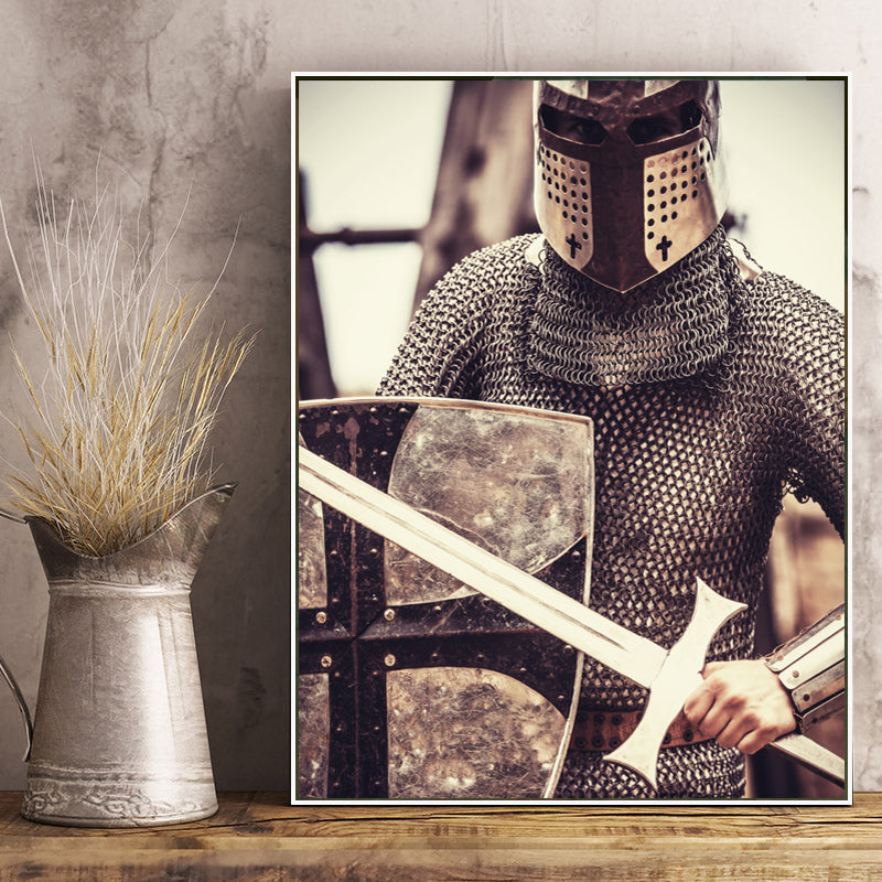 Brown Warrior Wall Decor Figure Contemporary Textured Canvas Print for Living Room