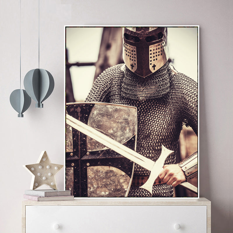 Brown Warrior Wall Decor Figure Contemporary Textured Canvas Print for Living Room