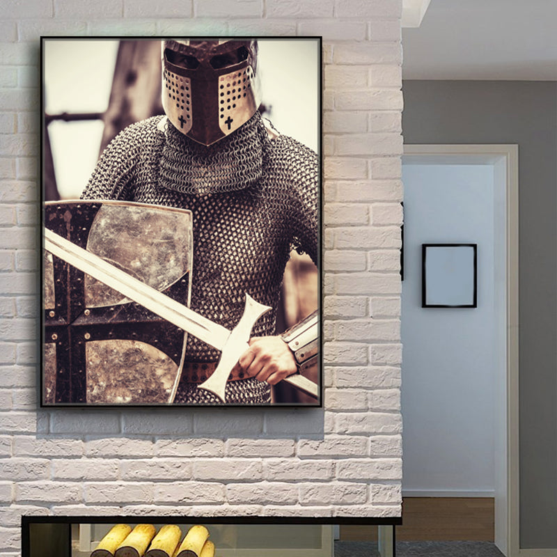 Brown Warrior Wall Decor Figure Contemporary Textured Canvas Print for Living Room